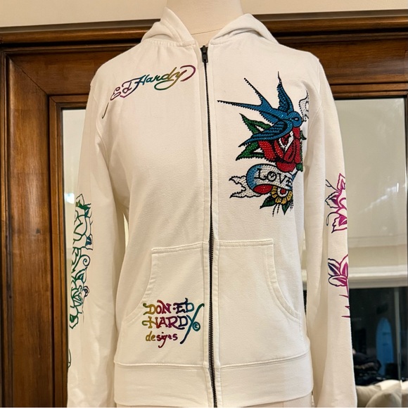 Ed Hardy Love Kills Slowly Heart white Zip-up Hoodie - Picture 2 of 13